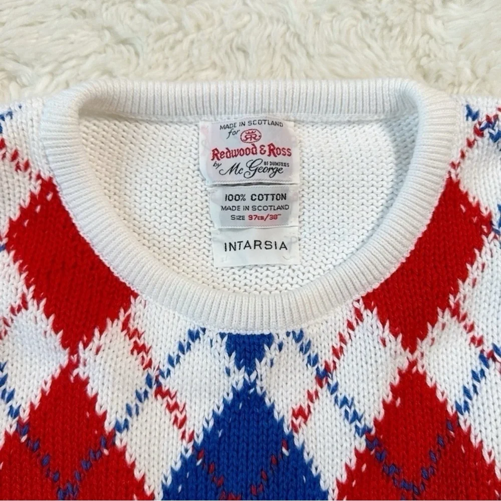 VTG Men White Argyle Cotton Scotland Crewneck Knit Sweater SMALL Classic Country - Picture 2 of 9